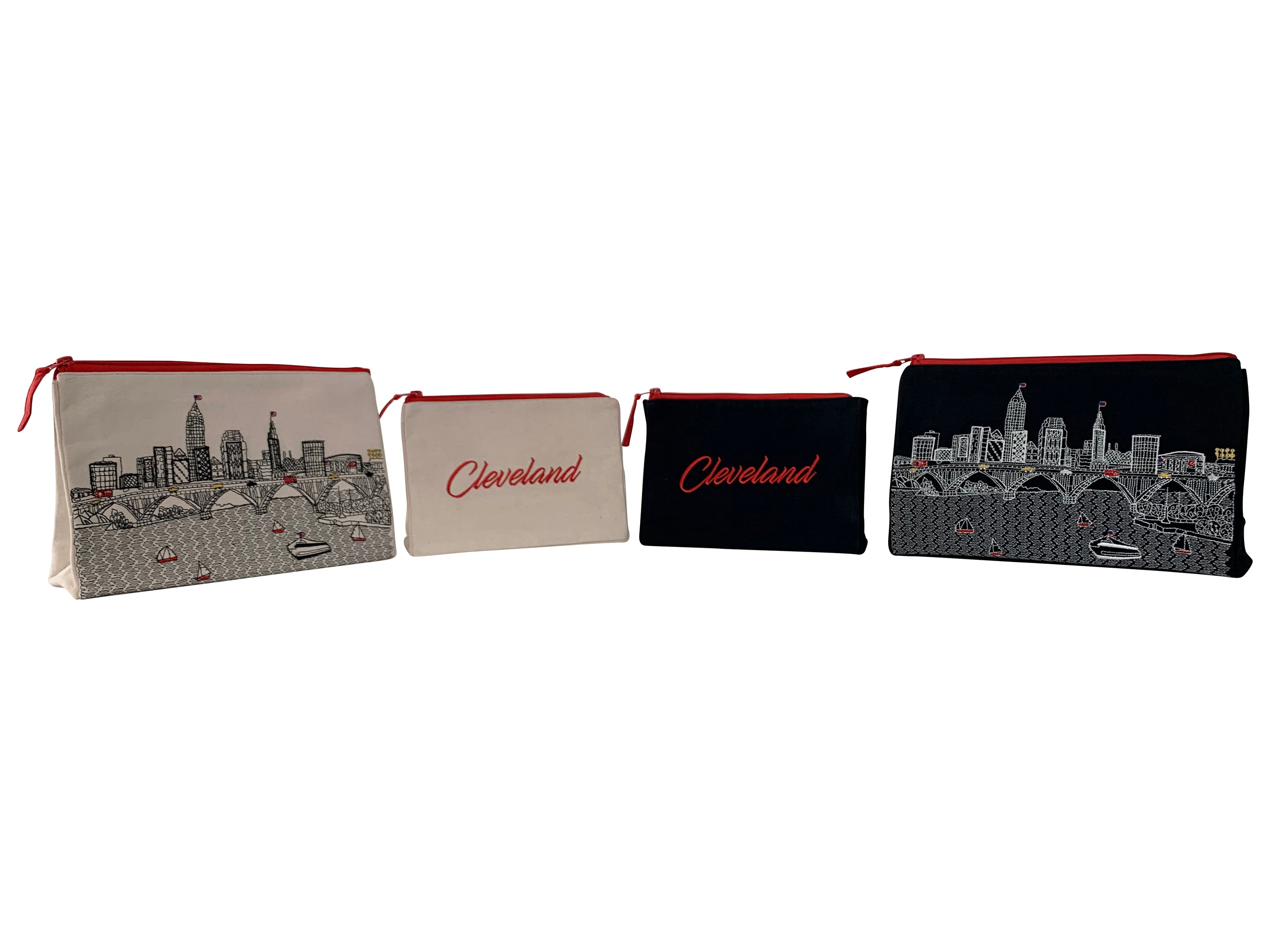 Cleveland Makeup Bag set featuring embroidered skyline design on cotton canvas in cream and black colors.